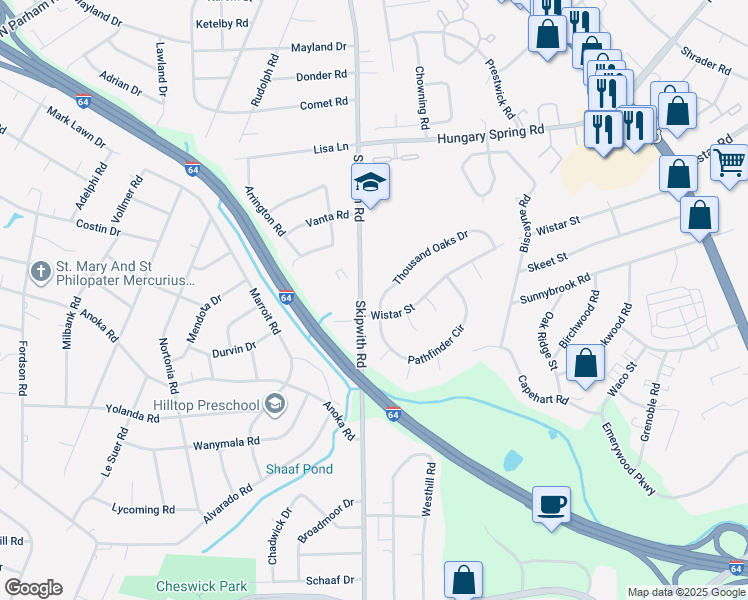 map of restaurants, bars, coffee shops, grocery stores, and more near 2302 Thousand Oaks Drive in Richmond