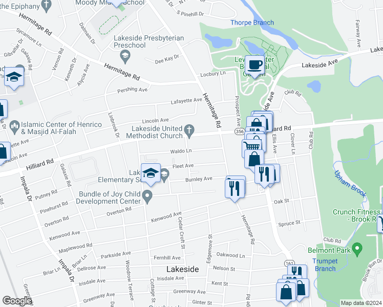 map of restaurants, bars, coffee shops, grocery stores, and more near 2321 Waldo Lane in Richmond