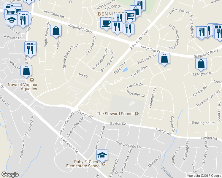 map of restaurants, bars, coffee shops, grocery stores, and more near 10814 Smithers Court in Henrico