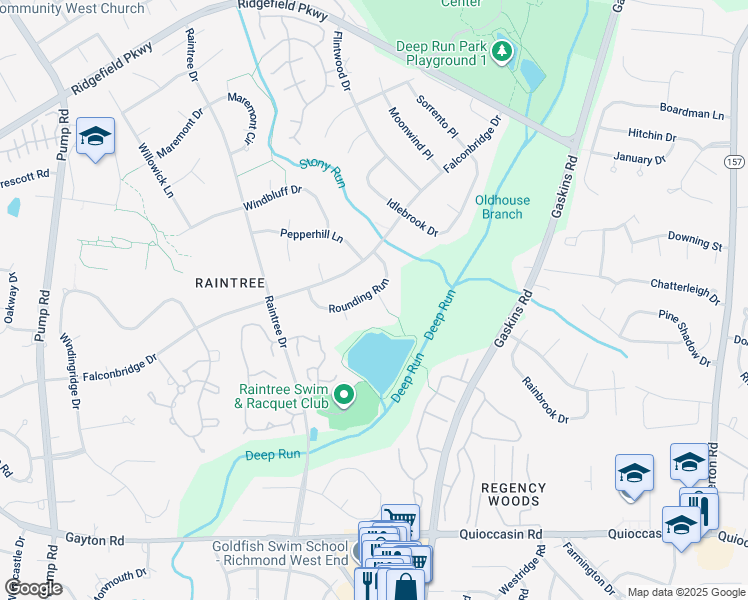 map of restaurants, bars, coffee shops, grocery stores, and more near 10215 Rounding Run in Richmond