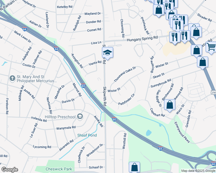 map of restaurants, bars, coffee shops, grocery stores, and more near 2302 Thousand Oaks Drive in Richmond
