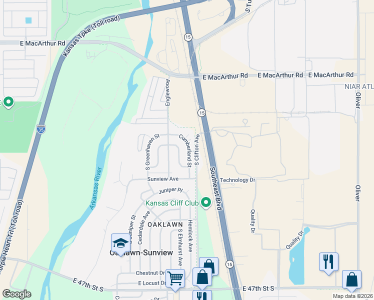 map of restaurants, bars, coffee shops, grocery stores, and more near 4266 Cumberland Street in Wichita