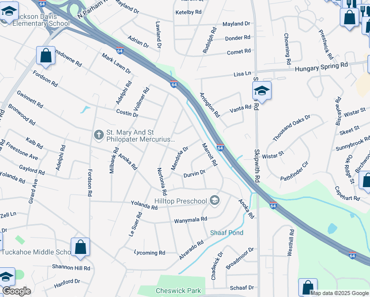 map of restaurants, bars, coffee shops, grocery stores, and more near 7710 Mendota Drive in Henrico