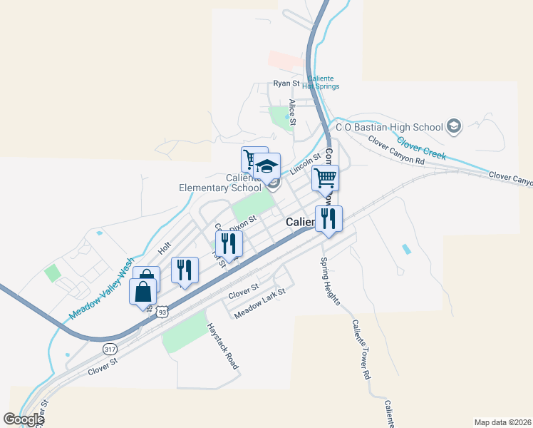 map of restaurants, bars, coffee shops, grocery stores, and more near 383 Dixon Street in Caliente