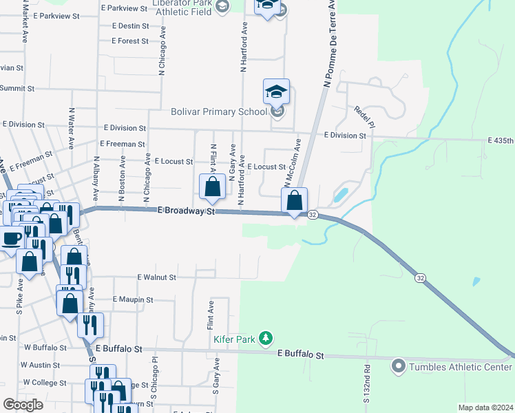 map of restaurants, bars, coffee shops, grocery stores, and more near 1343 East Broadway Street in Bolivar