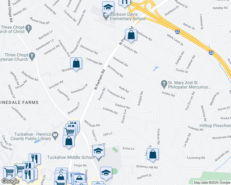 map of restaurants, bars, coffee shops, grocery stores, and more near 8412 Freestone Avenue in Richmond