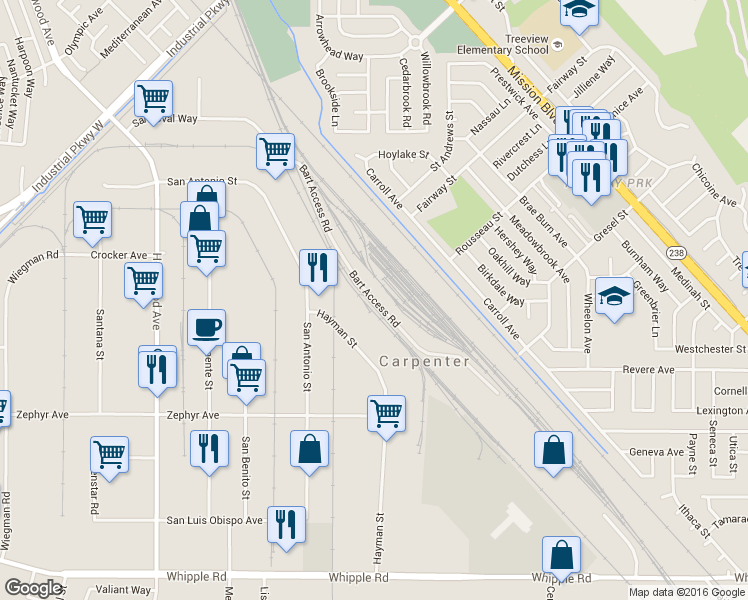 map of restaurants, bars, coffee shops, grocery stores, and more near Bart Access Road in Hayward