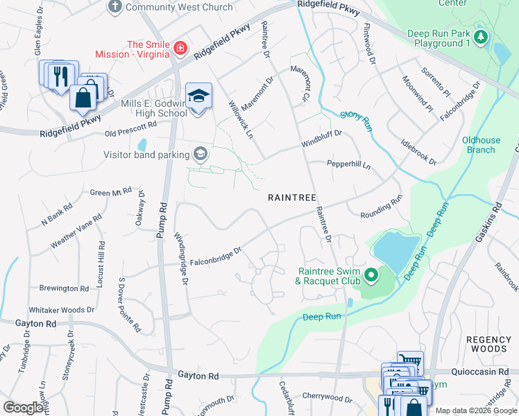 map of restaurants, bars, coffee shops, grocery stores, and more near 1907 Hickoryridge Road in Richmond