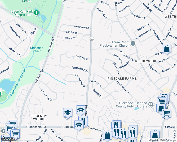map of restaurants, bars, coffee shops, grocery stores, and more near 9500 Chatterleigh Court in Henrico