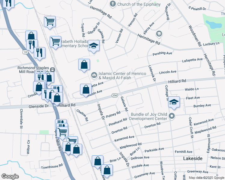 map of restaurants, bars, coffee shops, grocery stores, and more near 2907 Lincoln Avenue in Richmond