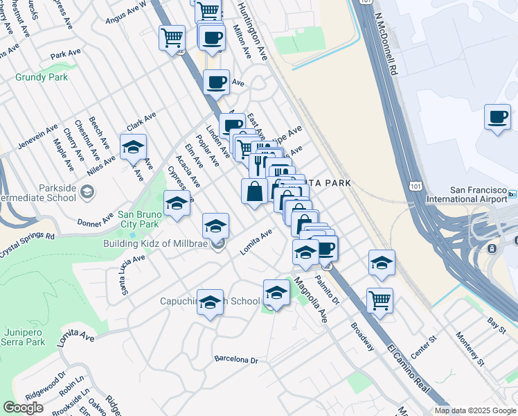 map of restaurants, bars, coffee shops, grocery stores, and more near 110 Linden Avenue in San Bruno
