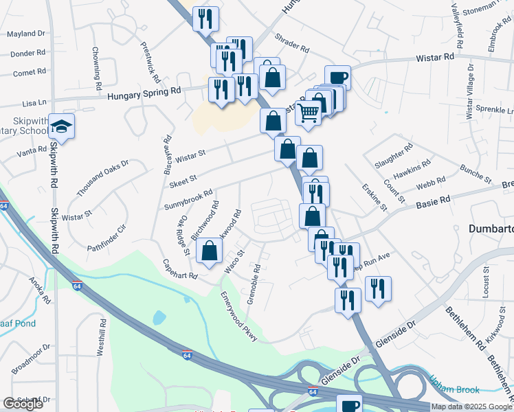 map of restaurants, bars, coffee shops, grocery stores, and more near 7408 Lockwood Road in Richmond