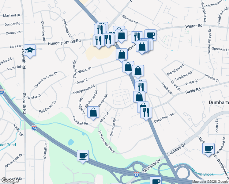 map of restaurants, bars, coffee shops, grocery stores, and more near 7408 Lockwood Road in Richmond