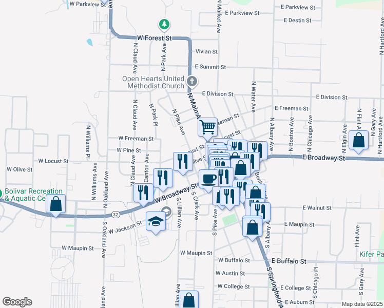 map of restaurants, bars, coffee shops, grocery stores, and more near 218 West Locust Street in Bolivar