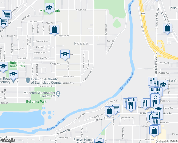 map of restaurants, bars, coffee shops, grocery stores, and more near 1100 Roselawn Avenue in Modesto