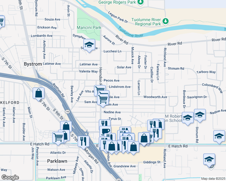 map of restaurants, bars, coffee shops, grocery stores, and more near 1012 Steele Court in Modesto