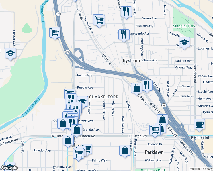 map of restaurants, bars, coffee shops, grocery stores, and more near 932 Santa Fe Avenue in Modesto