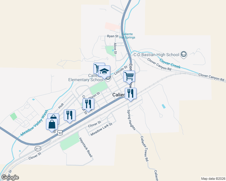 map of restaurants, bars, coffee shops, grocery stores, and more near 270 Main Street in Caliente