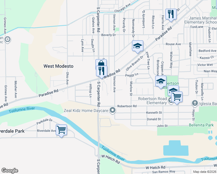 map of restaurants, bars, coffee shops, grocery stores, and more near 1116 Manor Drive in Modesto