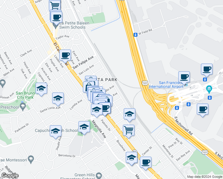 map of restaurants, bars, coffee shops, grocery stores, and more near 230 San Benito Avenue in San Bruno