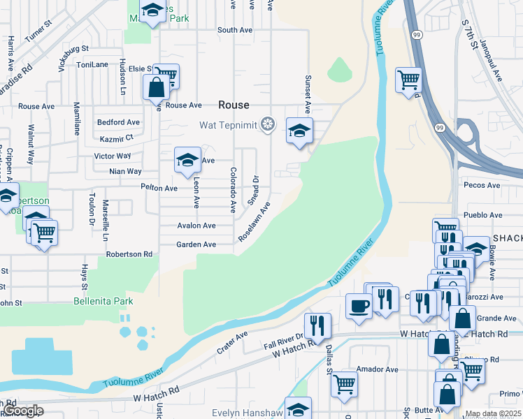 map of restaurants, bars, coffee shops, grocery stores, and more near 1021 Roselawn Avenue in Modesto
