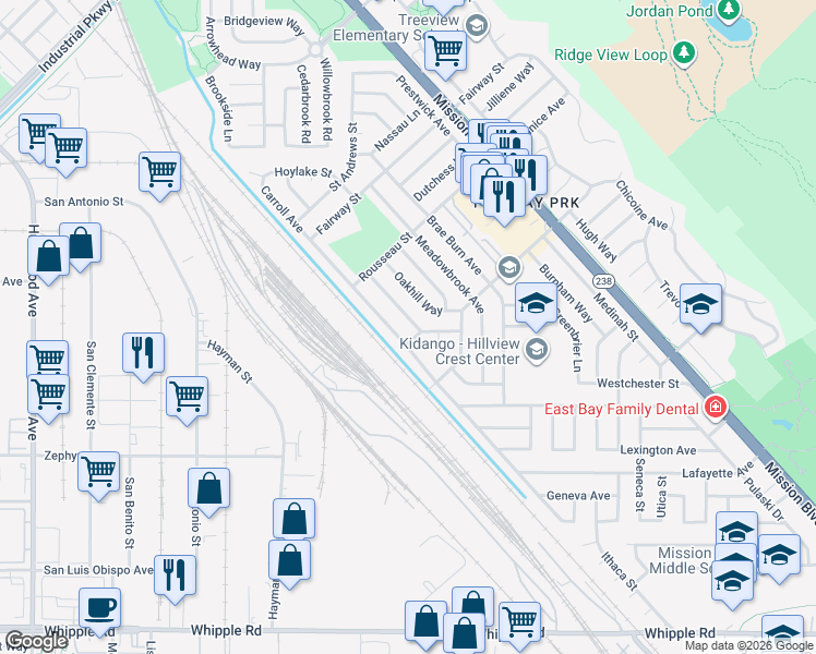 map of restaurants, bars, coffee shops, grocery stores, and more near 31285 Birkdale Way in Hayward