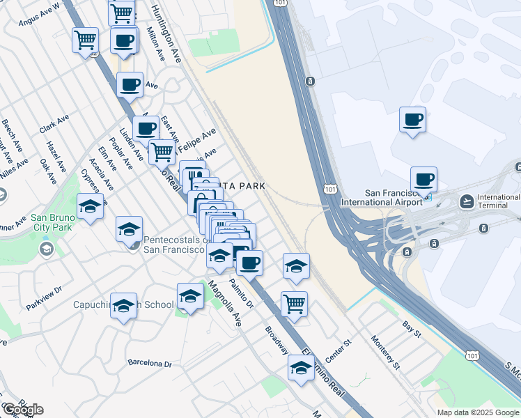 map of restaurants, bars, coffee shops, grocery stores, and more near 230 San Benito Avenue in San Bruno