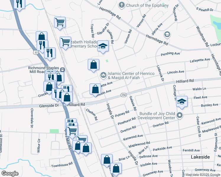 map of restaurants, bars, coffee shops, grocery stores, and more near 2920 Lincoln Avenue in Richmond