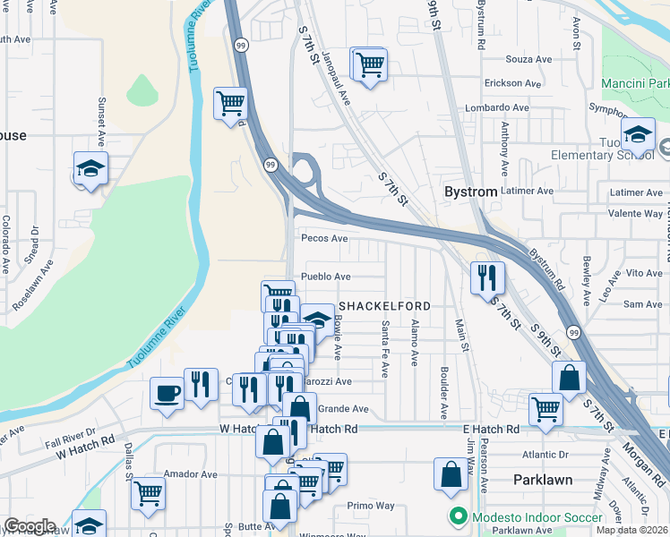 map of restaurants, bars, coffee shops, grocery stores, and more near 213 Pueblo Avenue in Modesto