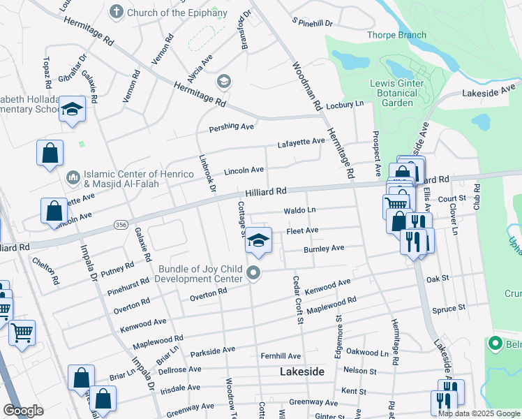 map of restaurants, bars, coffee shops, grocery stores, and more near 2606 Waldo Lane in Henrico