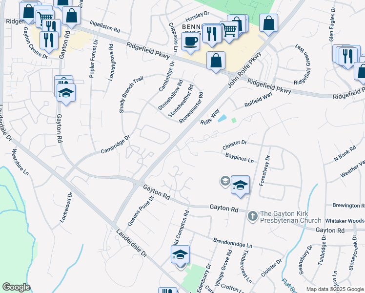 map of restaurants, bars, coffee shops, grocery stores, and more near 1800 Timberly Waye in Richmond
