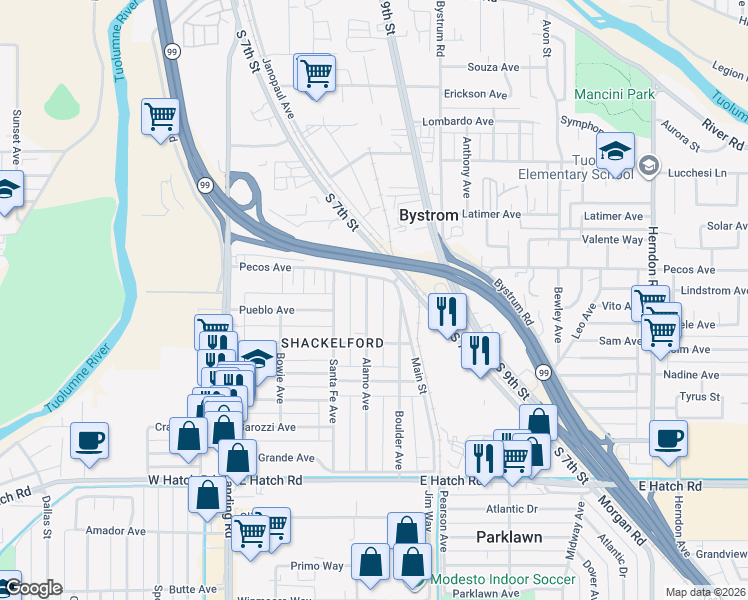 map of restaurants, bars, coffee shops, grocery stores, and more near 928 Alamo Avenue in Modesto