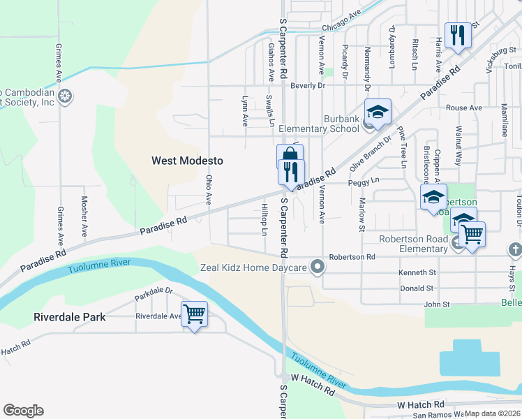 map of restaurants, bars, coffee shops, grocery stores, and more near 1111 Hilltop Lane in Modesto