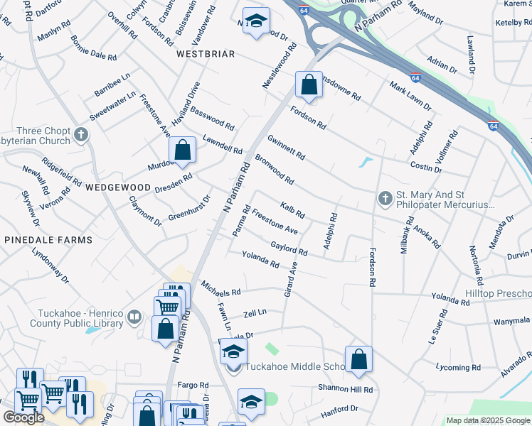 map of restaurants, bars, coffee shops, grocery stores, and more near 8416 Freestone Avenue in Richmond