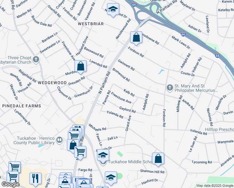 map of restaurants, bars, coffee shops, grocery stores, and more near 8416 Freestone Avenue in Richmond