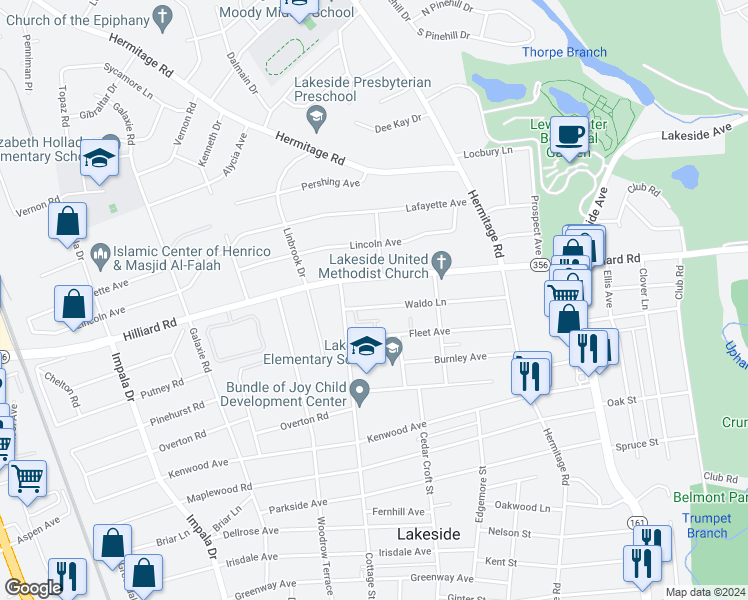 map of restaurants, bars, coffee shops, grocery stores, and more near 2526 Waldo Lane in Henrico