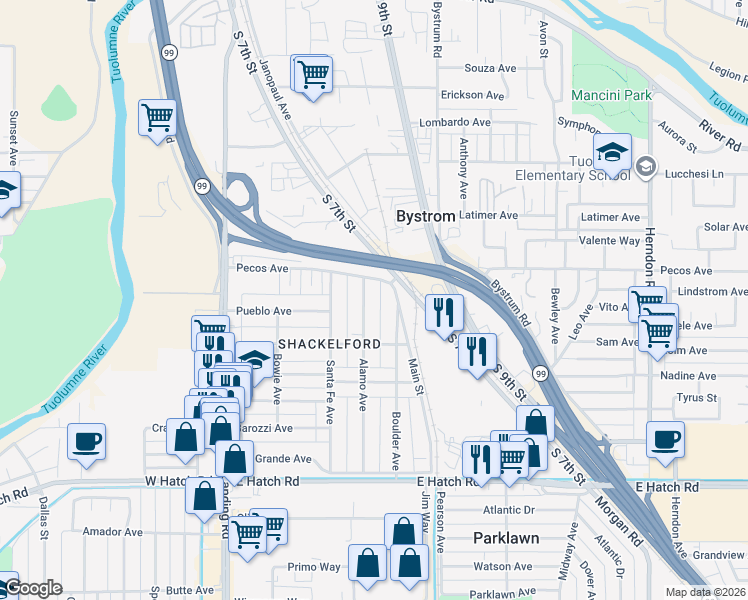 map of restaurants, bars, coffee shops, grocery stores, and more near 928 Alamo Avenue in Modesto
