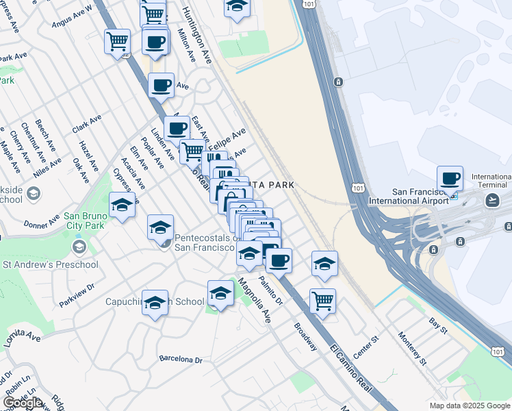 map of restaurants, bars, coffee shops, grocery stores, and more near 540 San Anselmo Avenue South in San Bruno