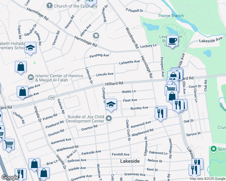 map of restaurants, bars, coffee shops, grocery stores, and more near 2606 Waldo Lane in Henrico