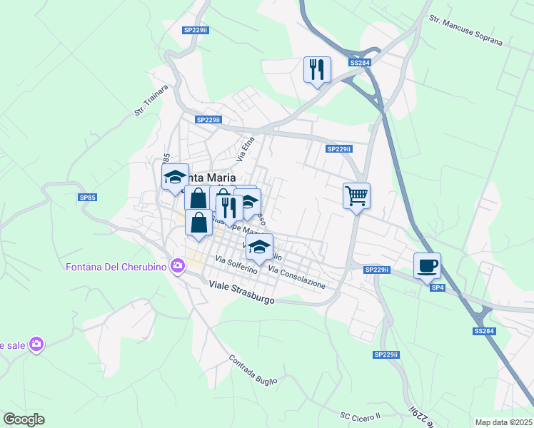 map of restaurants, bars, coffee shops, grocery stores, and more near 15 Via P. Tomasello in Santa Maria di Licodia