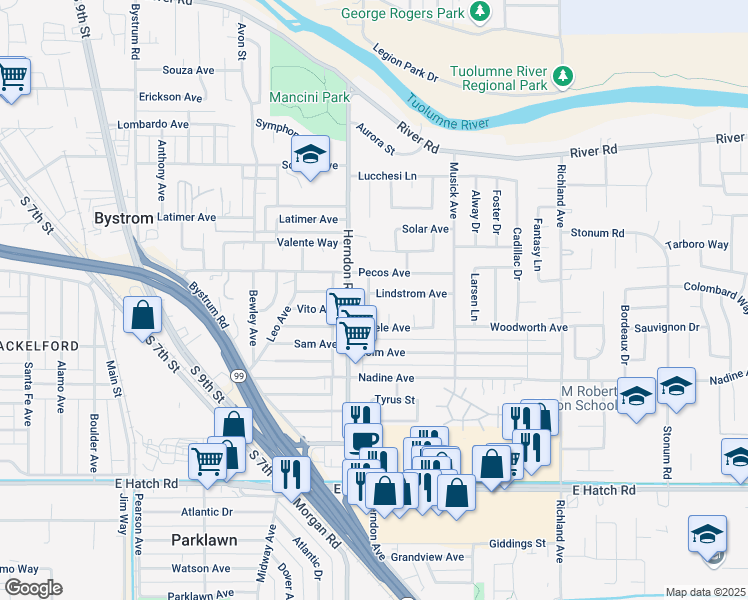 map of restaurants, bars, coffee shops, grocery stores, and more near 1012 Steele Court in Modesto