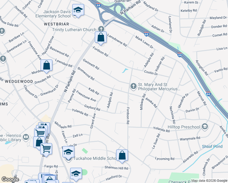 map of restaurants, bars, coffee shops, grocery stores, and more near 8209 Bronwood Road in Richmond