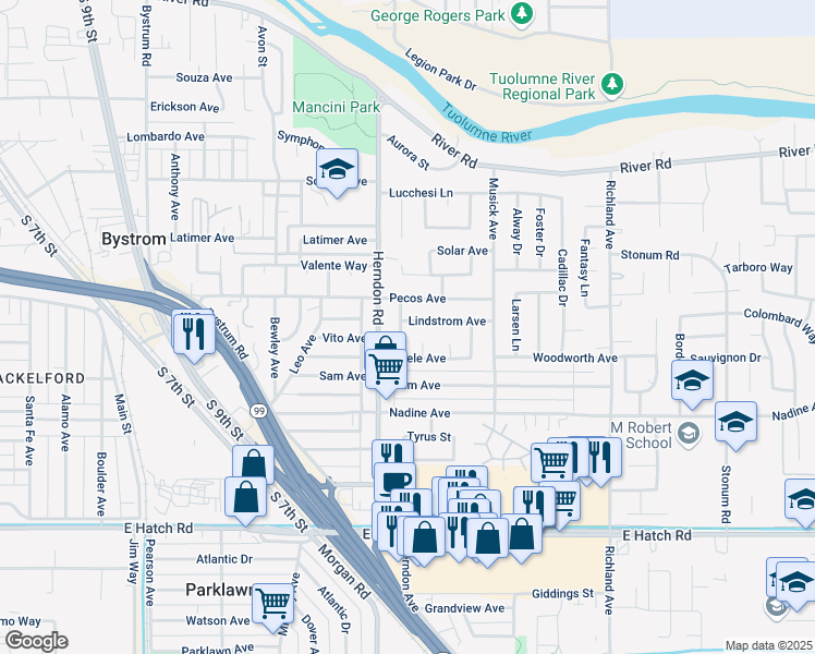 map of restaurants, bars, coffee shops, grocery stores, and more near 1012 Steele Court in Modesto