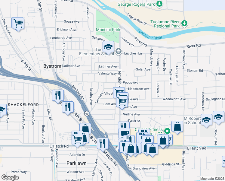 map of restaurants, bars, coffee shops, grocery stores, and more near 1225 Vito Avenue in Modesto