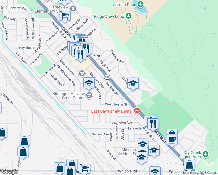 map of restaurants, bars, coffee shops, grocery stores, and more near 31636 Burnham Way in Hayward