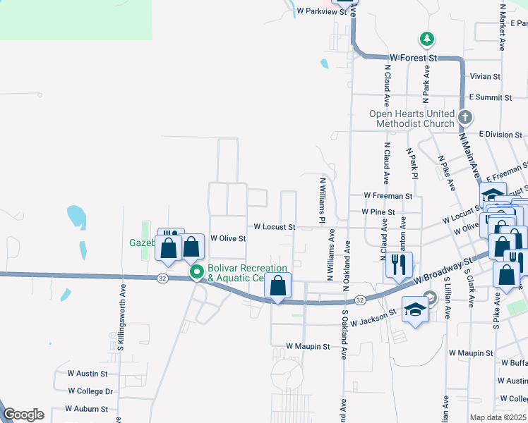 map of restaurants, bars, coffee shops, grocery stores, and more near 400-498 Michael Ave in Bolivar