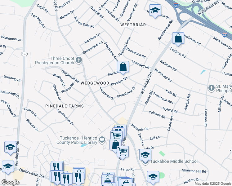 map of restaurants, bars, coffee shops, grocery stores, and more near 8703 Bedell Road in Henrico