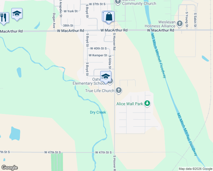 map of restaurants, bars, coffee shops, grocery stores, and more near 4335 South Hoover Road in Wichita