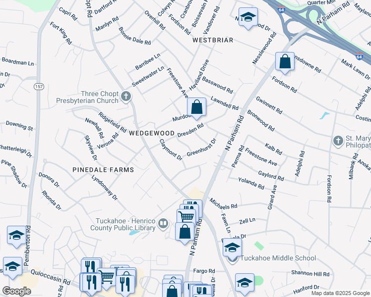 map of restaurants, bars, coffee shops, grocery stores, and more near 8703 Bedell Road in Henrico