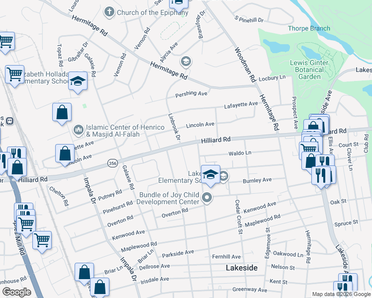 map of restaurants, bars, coffee shops, grocery stores, and more near 6814 Cottage Street in Richmond